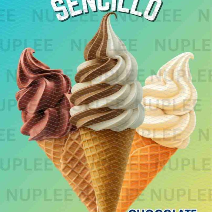 Anuncio 3 conos, chocolate, vainilla y combinado en anuncio de cono sencillo.